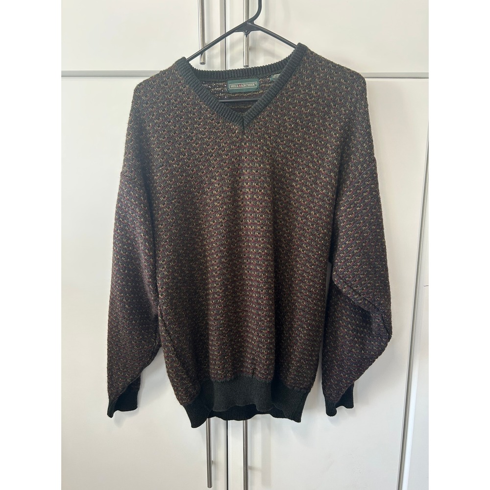 Hill & Archer Mens Large Vintage V-Neck Textured‎ Knit Sweater Green Brown Rust